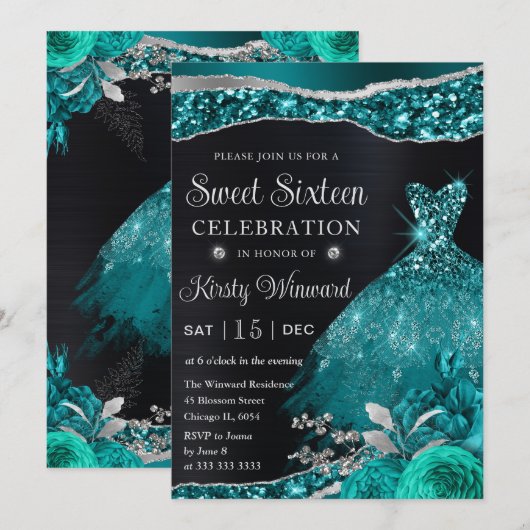 Waterverf Blauwgroen Zilver Glitter Dress Sweet Si Kaart (Voorkant / Achterkant)