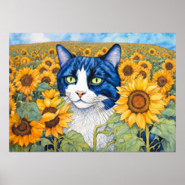 Waterverf blauwogige kat in zonnebloemen poster