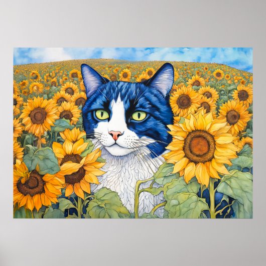 Waterverf blauwogige kat in zonnebloemen poster (Voorkant)
