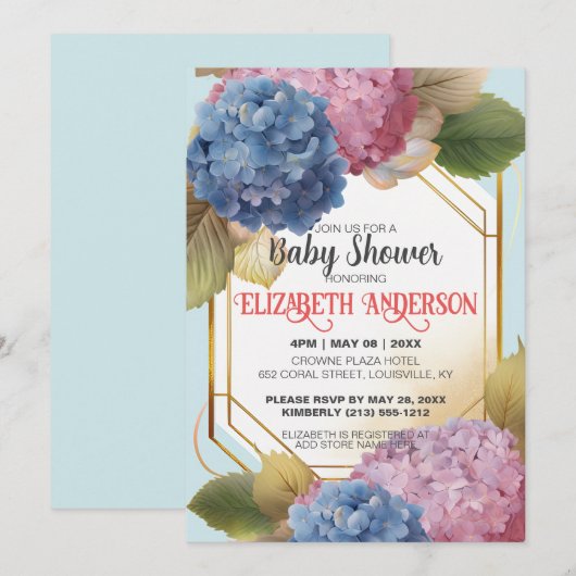 Waterverf Blauwroze Hydrangea Baby shower Aangepas Kaart (Voorkant / Achterkant)