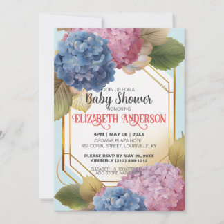 Waterverf Blauwroze Hydrangea Baby shower Aangepas Kaart