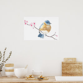 Waterverf blauwvogel op een kersenbloesemtak poster