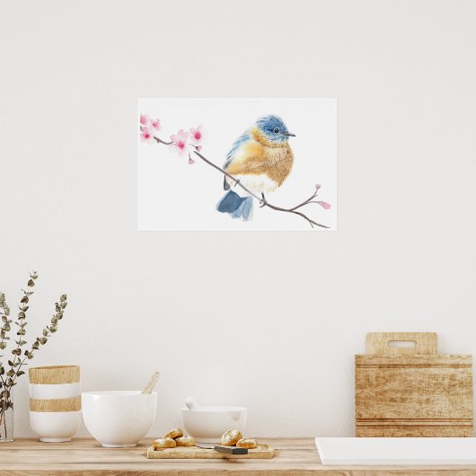 Waterverf blauwvogel op een kersenbloesemtak poster (Keuken)