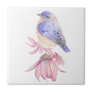 Waterverf Blauwvogel Roze bloem Kunst Tegeltje