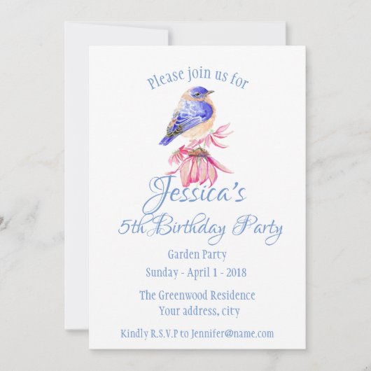 Waterverf Blauwvogel Roze Bloementuin Kaart (Voorkant)
