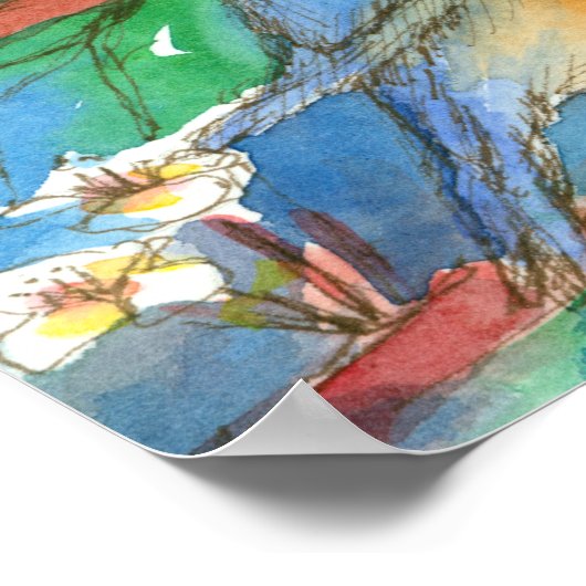 Waterverf Blauwvogels Blossom fruitbomen schildere Poster (Hoek)