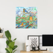 Waterverf Blauwvogels Blossom fruitbomen schildere Poster (Thuiskantoor)