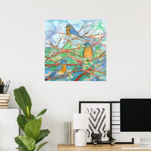 Waterverf Blauwvogels Blossom fruitbomen schildere Poster (Thuiskantoor)