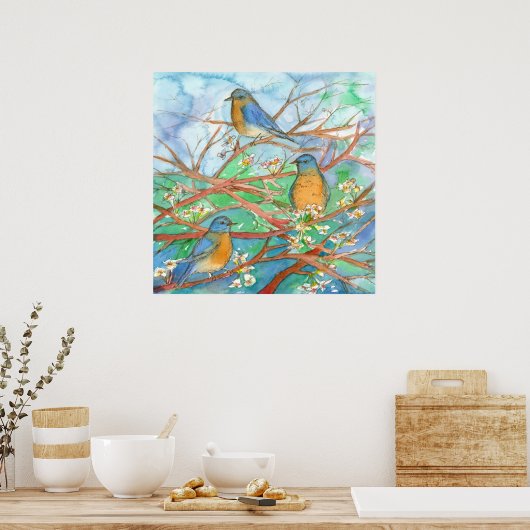 Waterverf Blauwvogels Blossom fruitbomen schildere Poster (Keuken)