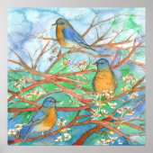 Waterverf Blauwvogels Blossom fruitbomen schildere Poster (Voorkant)