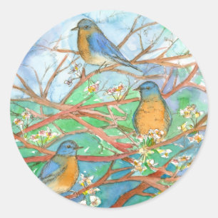 Waterverf Blauwvogels Kersen Fruit Bloesemboom Ronde Sticker