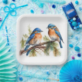 Waterverf Blauwvogels op pijnbomen Papieren Bordje (Feest)