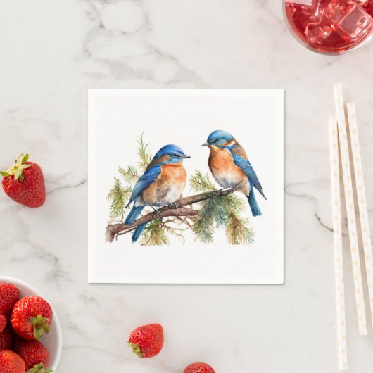 Waterverf Blauwvogels op pijnbomen Servet (Insitu)