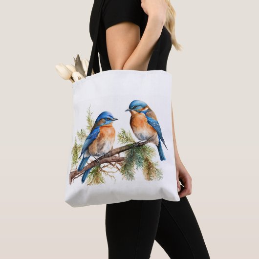 Waterverf Blauwvogels op pijnbomen Tote Bag (Dichtbij)