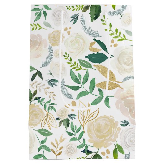 Waterverf Bleke pioenen en gouden glitter bladeren Medium Cadeauzakje (Achterkant)