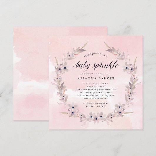 Waterverf Bliss | Blush Pink Floral Baby Sprinkle Kaart (Voorkant / Achterkant)