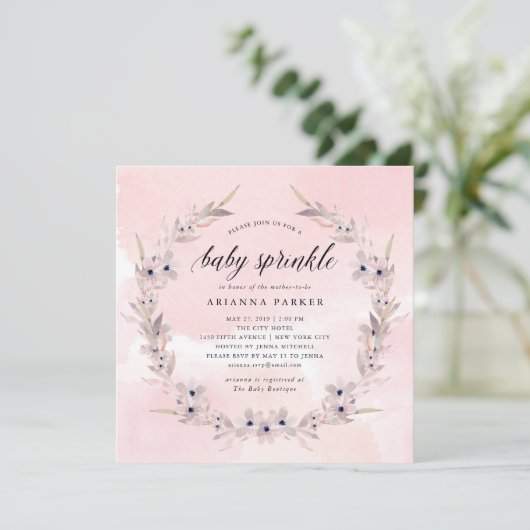 Waterverf Bliss | Blush Pink Floral Baby Sprinkle Kaart (Staand voorkant)