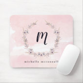 Waterverf Bliss | Blush Pink Floral met Monogram Muismat (Met muis)