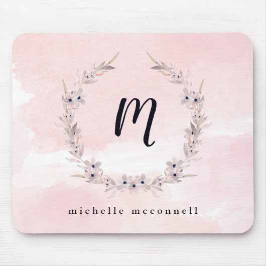 Waterverf Bliss | Blush Pink Floral met Monogram Muismat (Voorkant)