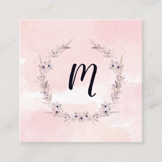 Waterverf Bliss | Blush Pink Floral Monogram Vierkante Visitekaartje (Voorkant)