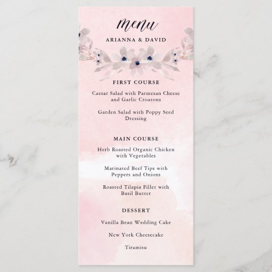 Waterverf Bliss | Blush Pink Floral Wedding Menu (Voorkant)