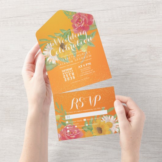 Waterverf Bloed Oranje Glitter Wedding RSVP All In One Uitnodiging (Afscheurbaar)