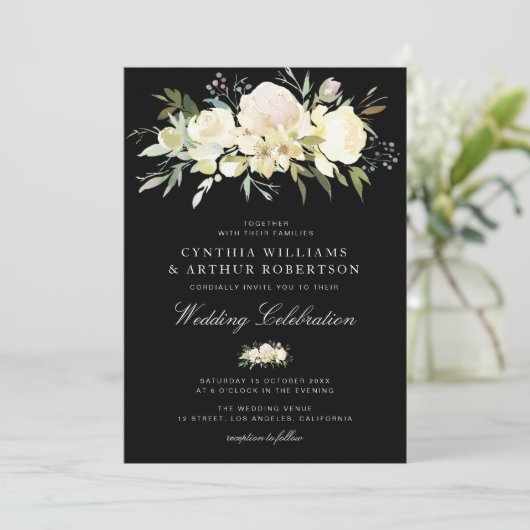 waterverf bloederige ivoorwitte zwarte bruiloft kaart (Staand voorkant)