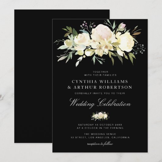 waterverf bloederige ivoorwitte zwarte bruiloft kaart (Voorkant / Achterkant)