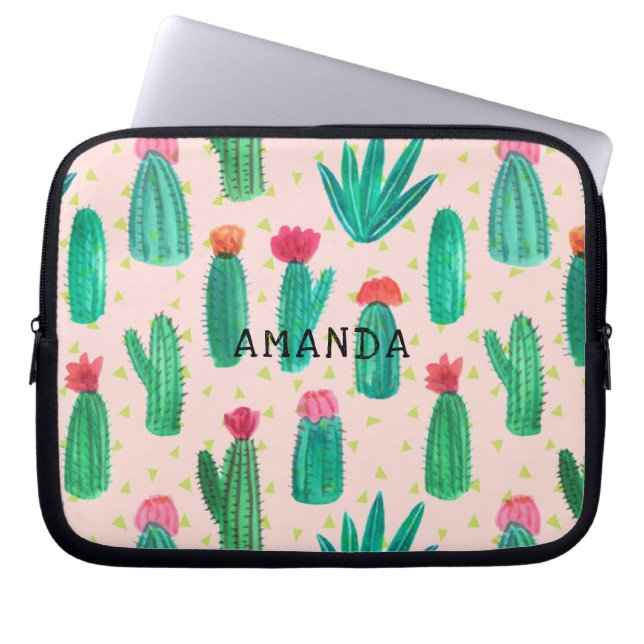 Waterverf bloeiend Cactus Patroon op maat Laptop Sleeve (Voorkant)