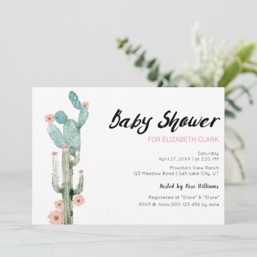 Waterverf bloeiende cactus Baby shower Kaart (Staand voorkant)