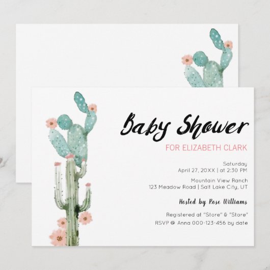 Waterverf bloeiende cactus Baby shower Kaart (Voorkant / Achterkant)