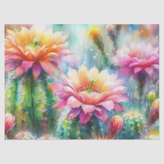 Waterverf Bloeiende Succulent Cacti Decoupage Tissuepapier (Voorkant)