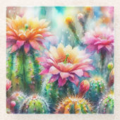 Waterverf bloeiende vetcactussen glazen onderzetter (Voorkant)