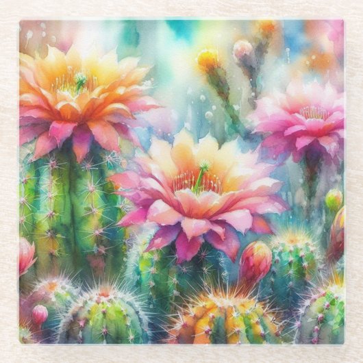 Waterverf bloeiende vetcactussen glazen onderzetter (Voorkant)