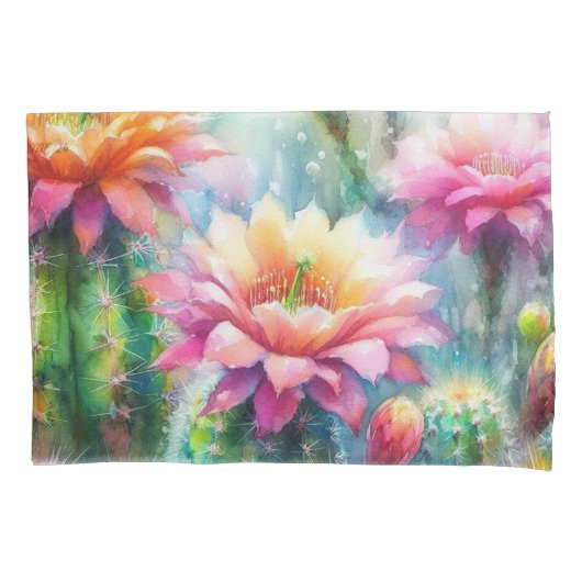 Waterverf bloeiende vetcactussen kussensloop (Voorkant)
