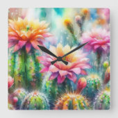 Waterverf bloeiende vetcactussen vierkante klok (Voorkant)