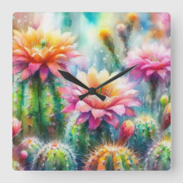 Waterverf bloeiende vetcactussen vierkante klok