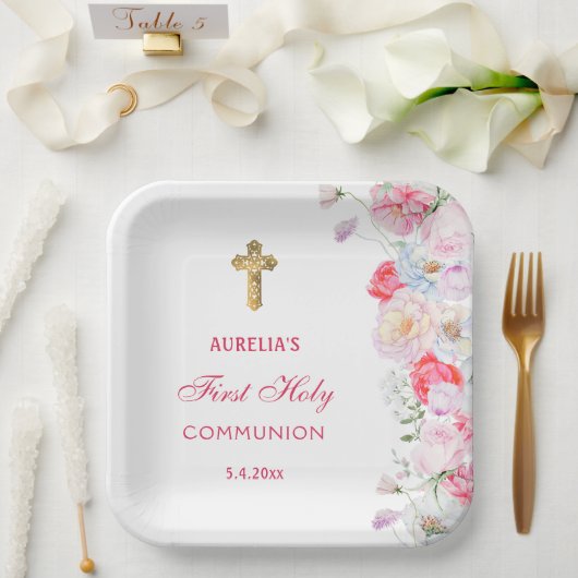 Waterverf bloeit eerste communie papieren bordje (Huwelijk)