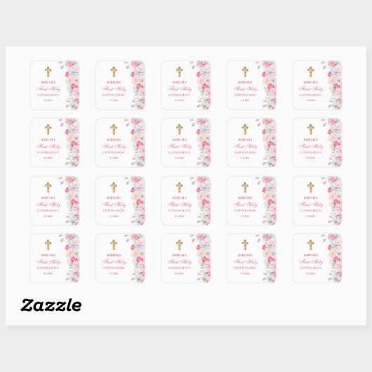 Waterverf bloeit eerste communie vierkante sticker (Vel)