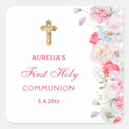 Waterverf bloeit eerste communie vierkante sticker