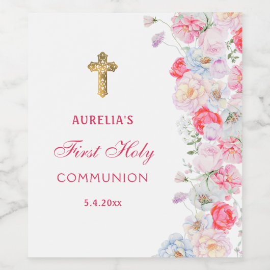 Waterverf bloeit eerste communie wijn etiket (Enkel label)