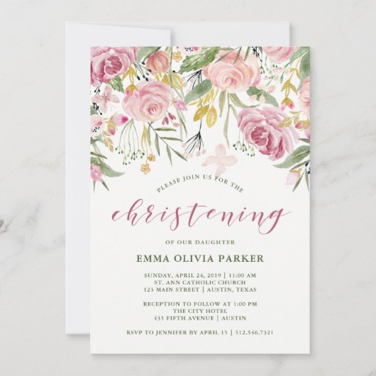 Waterverf Bloeit Roze En Gouden Bloemen Doopsel Kaart (Voorkant)