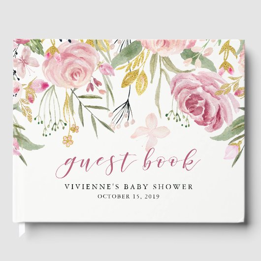 Waterverf bloeit | Roze en Gouden Bloemen Partij Gastenboek (Voorkant)