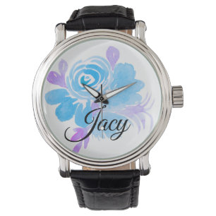 Waterverf Bloem Blauw Paars Horloge
