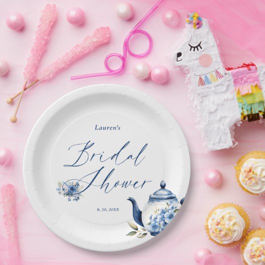 Waterverf Bloem Blauw Thee Feest Bruids Bruiloft Papieren Bordje (Feest)