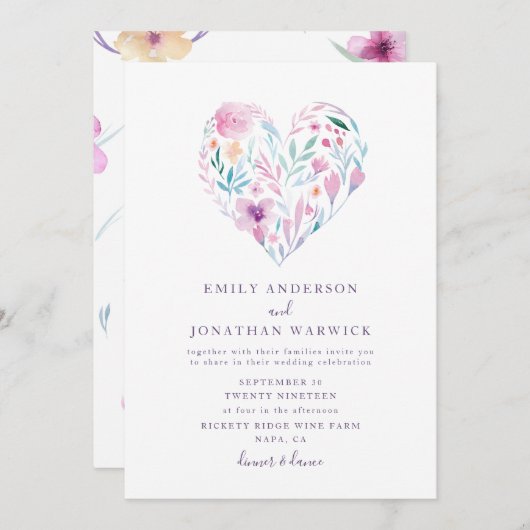 Waterverf bloem Botanische hartbruiloft Kaart (Voorkant / Achterkant)