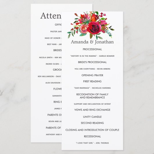Waterverf Bloem Bruiloftsprogramma Programmakaart (Voorkant / Achterkant)