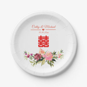 Waterverf bloem dubbel geluk Chinees huwelijk Papieren Bordje