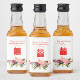 Waterverf bloem dubbel geluk chinese bruiloft likeurfles etiket