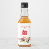 Waterverf bloem dubbel geluk chinese bruiloft likeurfles etiket (Voorkant)